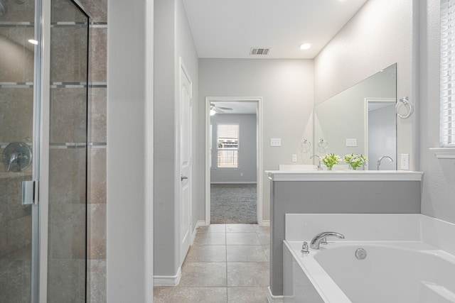 bathroom featuring tile patterned flooring, ceiling fan, vanity, and independent shower and bath