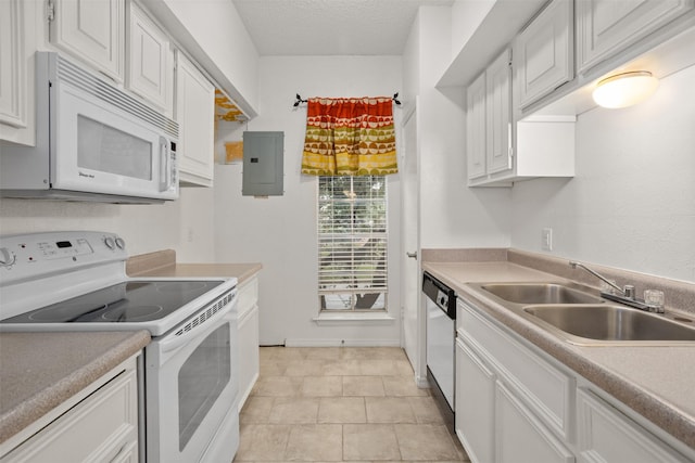 kitchen with white cabinetry, sink, electric panel, a textured ceiling, and white appliances