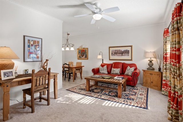 carpeted living room with ceiling fan with notable chandelier, a textured ceiling, and crown molding