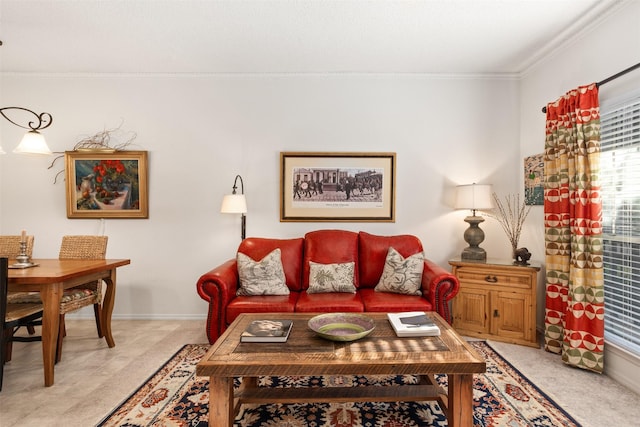 carpeted living room featuring crown molding