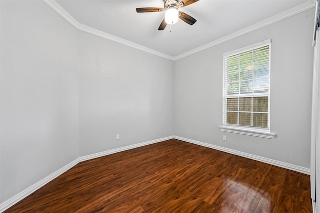 empty room featuring hardwood / wood-style flooring, ceiling fan, and crown molding