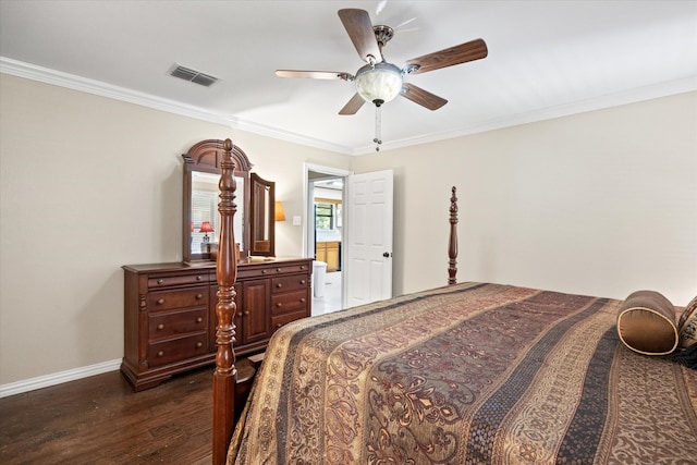 bedroom with ornamental molding, ceiling fan, and dark hardwood / wood-style floors