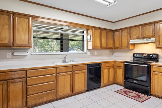 kitchen with black appliances, ornamental molding, light tile patterned flooring, and sink