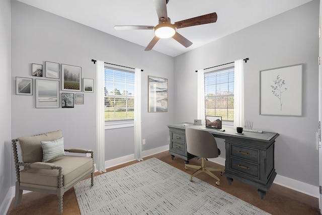 office space with a wealth of natural light and ceiling fan