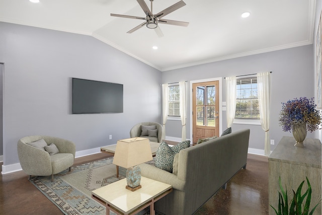 living room with ornamental molding, a wealth of natural light, and lofted ceiling