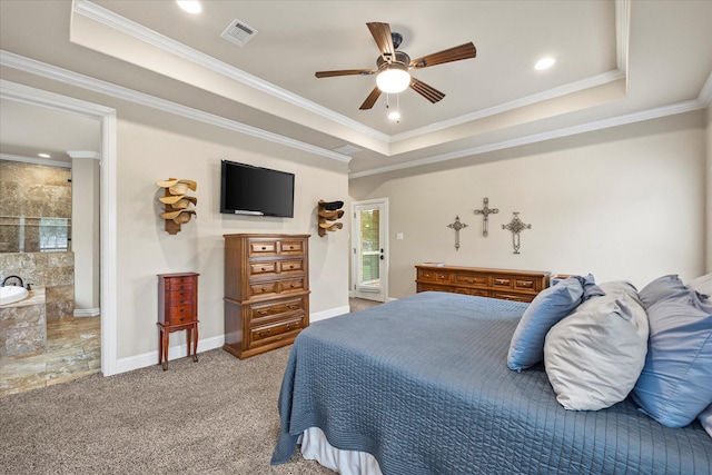 carpeted bedroom with a raised ceiling, visible vents, ornamental molding, ceiling fan, and baseboards