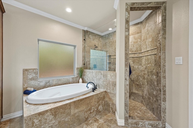 full bathroom with ornamental molding, walk in shower, a bath, and recessed lighting