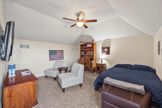 carpeted bedroom featuring lofted ceiling, visible vents, ceiling fan, and baseboards