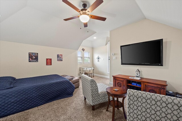 bedroom featuring carpet floors, lofted ceiling, ceiling fan, and baseboards