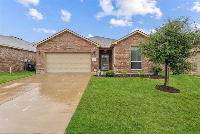 single story home with a garage and a front yard