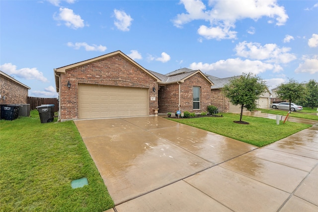 single story home with a garage and a front yard