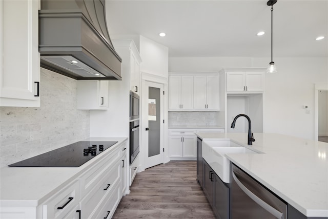 kitchen with light wood-type flooring, custom exhaust hood, stainless steel appliances, and white cabinetry