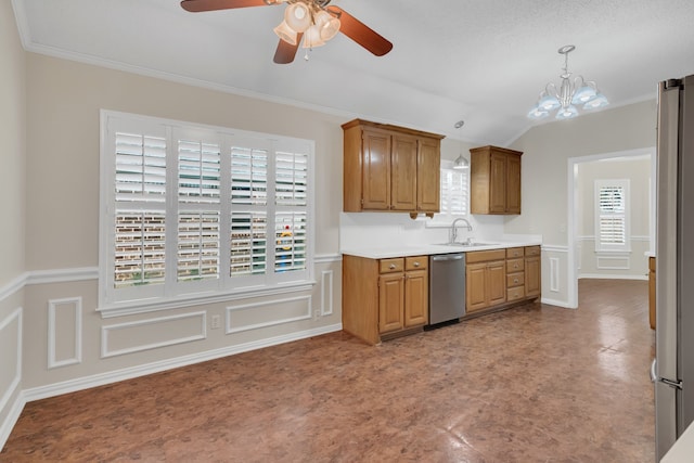 kitchen featuring pendant lighting, ceiling fan with notable chandelier, ornamental molding, sink, and stainless steel dishwasher