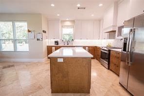 kitchen featuring appliances with stainless steel finishes, a kitchen island, decorative backsplash, and white cabinetry