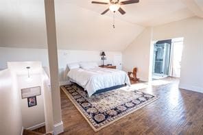 bedroom featuring lofted ceiling, hardwood / wood-style floors, and ceiling fan