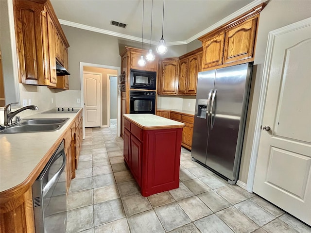 kitchen with black appliances, ornamental molding, sink, and a kitchen island