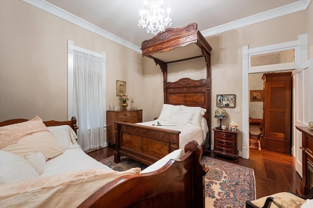 bedroom with a notable chandelier, crown molding, and dark wood-type flooring