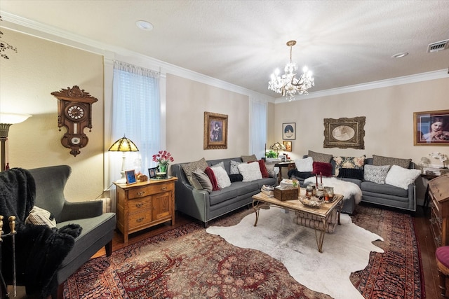 living room featuring a chandelier and ornamental molding