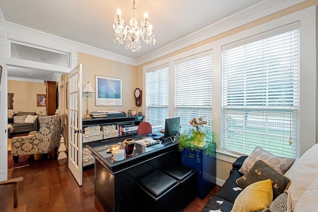 home office featuring dark hardwood / wood-style floors, ornamental molding, french doors, and an inviting chandelier