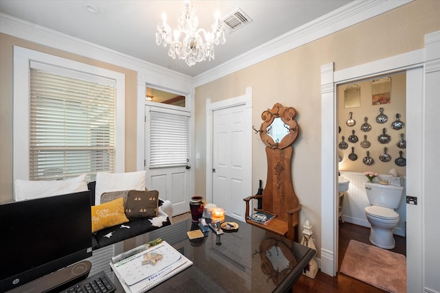 office featuring dark hardwood / wood-style floors, crown molding, and an inviting chandelier