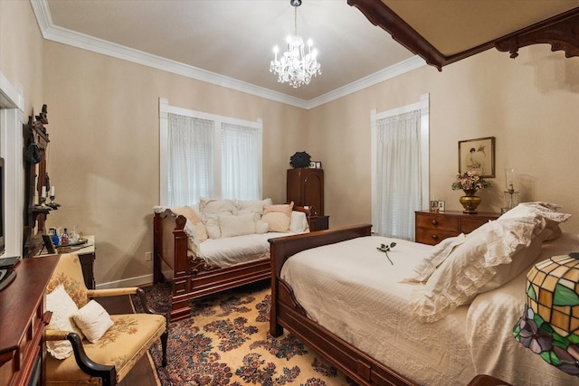 bedroom featuring ornamental molding and an inviting chandelier