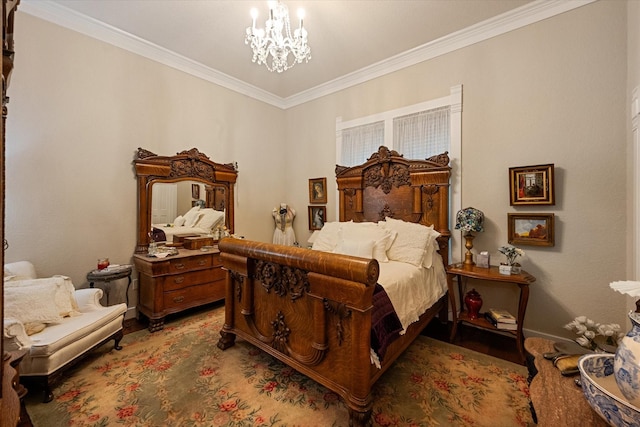 bedroom featuring an inviting chandelier and crown molding