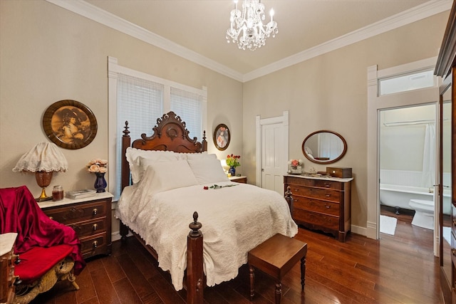 bedroom featuring dark hardwood / wood-style flooring, ornamental molding, and an inviting chandelier