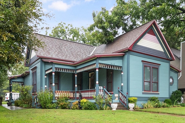 victorian-style house featuring a front lawn and a porch