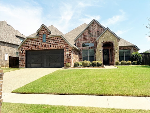 view of front of house with a garage and a front lawn