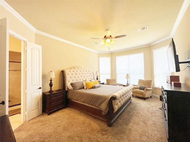 bedroom with light carpet, ornamental molding, and ceiling fan