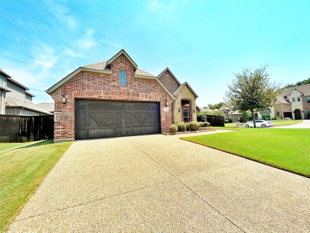 front facade with a garage and a front lawn