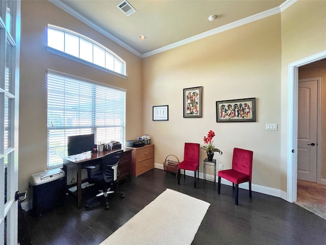 office with ornamental molding and dark hardwood / wood-style flooring