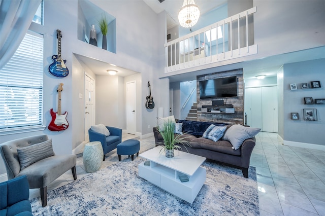 living room featuring vaulted ceiling and a tiled fireplace