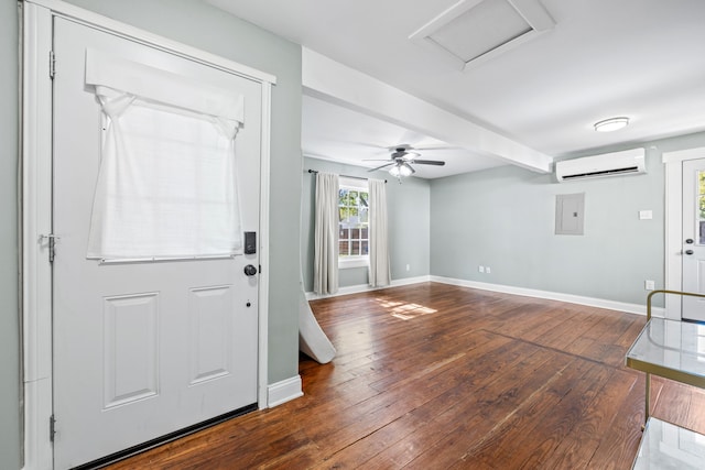 entryway featuring electric panel, a wall unit AC, dark hardwood / wood-style floors, and ceiling fan