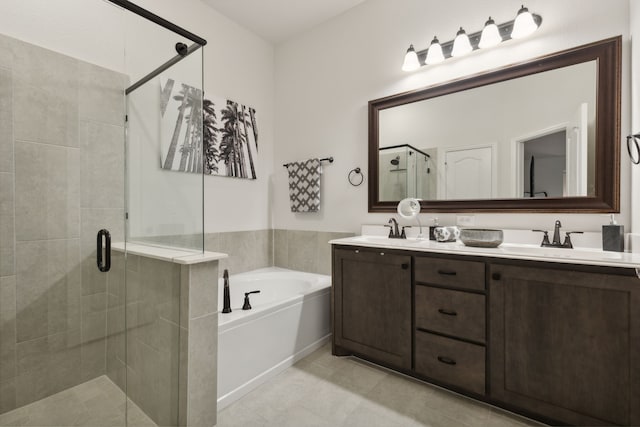 full bath with double vanity, a sink, a bath, and a shower stall