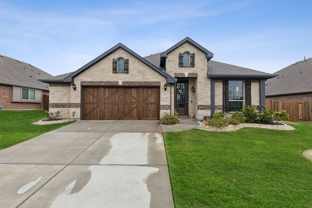 view of front facade with an attached garage, brick siding, fence, driveway, and a front yard