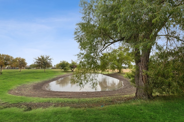 view of property's community with a water view and a yard