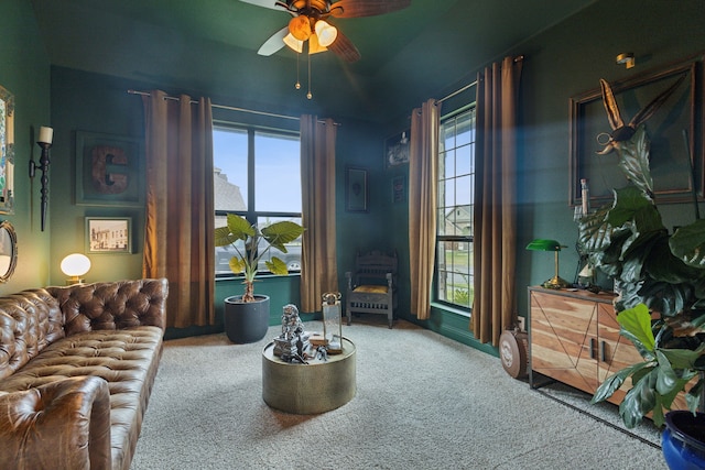 living area featuring a ceiling fan, a wealth of natural light, and carpet