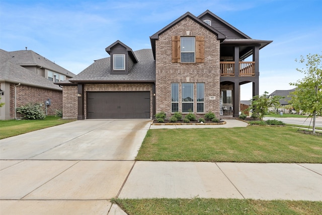 view of front facade featuring a balcony, a garage, and a front lawn