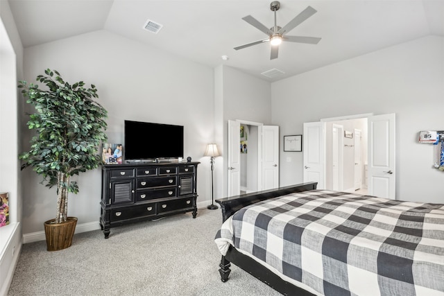 carpeted bedroom with lofted ceiling and ceiling fan