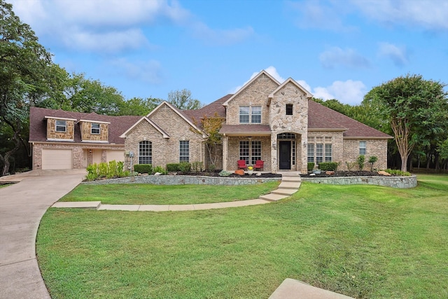 view of front of property with a front yard and a garage