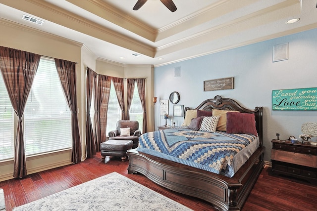 bedroom featuring crown molding, ceiling fan, and wood-type flooring