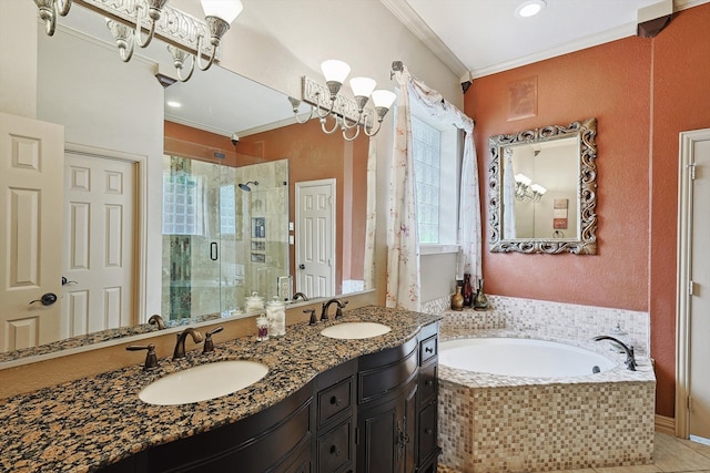 bathroom featuring vanity, ornamental molding, tile patterned floors, and plus walk in shower