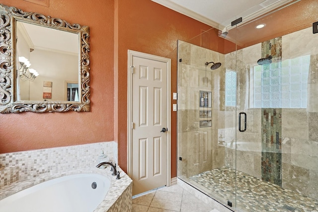 bathroom with plus walk in shower, tile patterned flooring, and crown molding