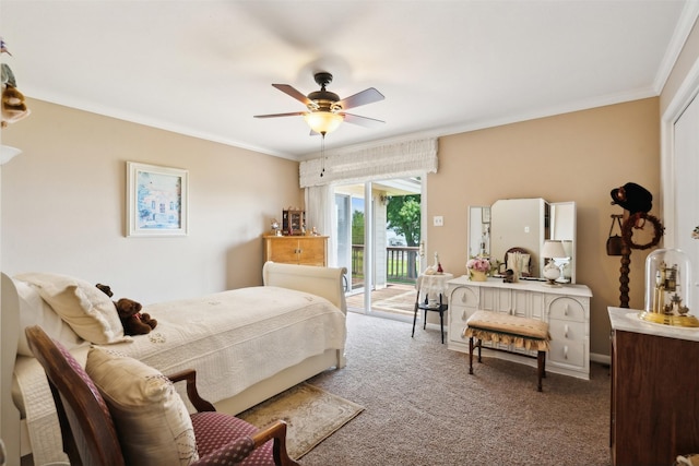 carpeted bedroom featuring ceiling fan, access to exterior, and ornamental molding