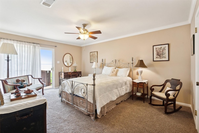 carpeted bedroom with access to outside, ceiling fan, and ornamental molding