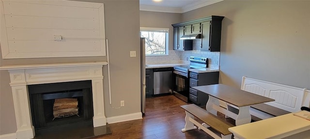 kitchen featuring green cabinetry, backsplash, appliances with stainless steel finishes, dark wood-type flooring, and ornamental molding