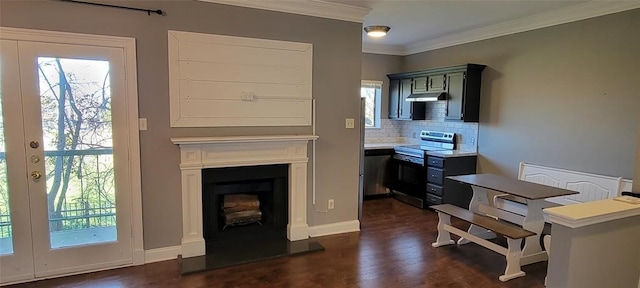 office area featuring crown molding and dark wood-type flooring