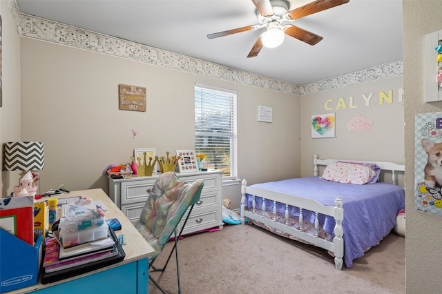 carpeted bedroom featuring ceiling fan