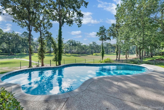 view of swimming pool with a yard and a patio area